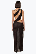 Back view of the Room 24 Marina black mesh maxi dress highlighting its low open back and criss-cross strap detailing.