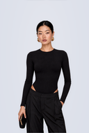 Front view of the Room 24 Ruby black long-sleeve bodysuit with a round neckline, high-cut legs and sculpted close fit.