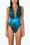 Front view of the Room 24 Rachel one-piece swimsuit with a deep plunge neckline, gathered panels and crossover waist.
