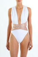 Front view of the Room 24 Rachel one-piece swimsuit with a deep plunge neckline, gathered halterneck and crossover waist.