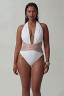 Front view of the Room 24 Rachel one-piece swimsuit with a deep plunge neckline, gathered halterneck and crossover waist.