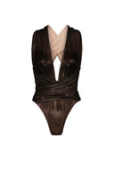 Close-up of the Room 24 Rachel swimsuit showing the softly gathered plunge neckline and crossover waist construction.