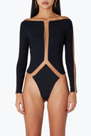Front view of the Room 24 Regina black bodysuit with a deep plunge mesh panel, geometric waist cut-outs and long sleeves.