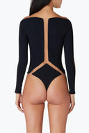 Back view of the Room 24 Regina black bodysuit highlighting its vertical illusion-mesh panel, waist cut-out and thong silhouette.