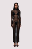 Front view of the Room 24 Renata black mesh maxi dress with a high neckline, long sleeves and crystal embellishments.