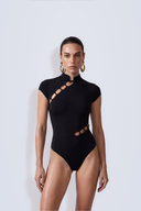 Front view of the Room 24 Rene black bodysuit with a Mandarin collar, cap sleeves and diagonal ladder cut-outs.
