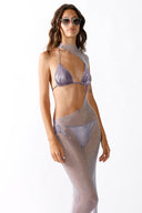 Side view of the Room 24 Renie lilac mesh dress highlighting its open waist, sheer construction and body-skimming shape