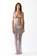 Front view of the Room 24 Renie lilac crystal mesh maxi dress with an asymmetric neckline and statement side cut-out.