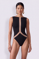  Front view of the Room 24 Romina Bodysuit featuring a wide neckline, sleeveless design, sculptural sheer mesh panels and a high-cut leg.