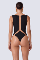 Back View of the Room 24 Romina Bodysuit featuring a wide neckline, sleeveless design, sculptural sheer mesh panels and a high-cut leg.