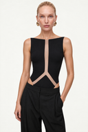 Front view of the Room 24 Romina Bodysuit featuring a wide neckline, sleeveless design, sculptural sheer mesh panels and a high-cut leg.