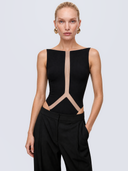 Front view of the Room 24 Romina Bodysuit featuring a wide neckline, sleeveless design, sculptural sheer mesh panels and a high-cut leg.