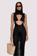 Front view of the Room 24 Romy black sheer mesh maxi dress with a high neckline, statement chest cut-out and gathered bust panels.