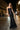 Front view of the Room 24 Rossana black sequin lace maxi dress with thin straps, a straight neckline and mermaid silhouette.