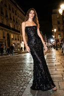 Front view of the Room 24 Rossana black sequin lace maxi dress with thin straps, a straight neckline and mermaid silhouette.