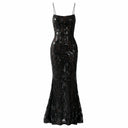Close-up of the Room 24 Rossana maxi dress showing the black sequin-beaded lace, straight neckline and delicate straps.