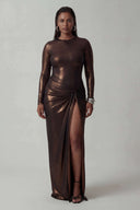 Front view of the Room 24 Roxy bronze metallic maxi dress with long sleeves, ruched hip detailing and a thigh-high split.