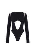 Close-up of the Room 24 Selma black bodysuit showing its clean round neckline, shoulder cut-outs and smooth stretch-fabric finish.
