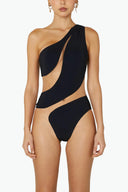 Front view of the Room 24 Freya black one-piece swimsuit with an asymmetric shoulder and sweeping illusion-mesh cut-outs.
