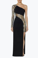 Front view of the Room 24 Amarilla black maxi dress with a gold crystal-mesh sleeve, diagonal waist panel and thigh-high split.