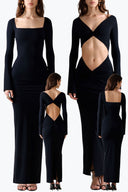 Side view of the Room 24 Bella black reversible dress highlighting its curved waist cut-out, long sleeves and sculpted maxi silhouette.