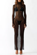 Front view of the Room 24 Renata black mesh maxi dress with a high neckline, long sleeves and crystal embellishments.