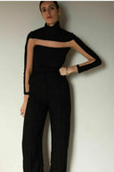 Front view of the Room 24 Veronica black high-neck bodysuit with illusion-mesh cut-outs and long fitted sleeves.