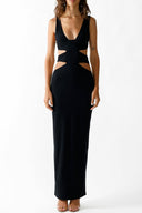 Close-up of the Room 24 Kaya black dress showing the deep V neckline, under-bust cut-outs and smooth stretch fabric.