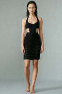 Front view of the Room 24 Minka stretch skirt with sheer tulle, all-over ruching and a fitted midi silhouette.