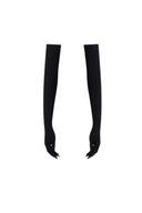 Side view of the Room 24 Shadelle black opera gloves highlighting their elongated shape and sculpted stretch fit.
