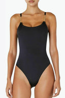 Front view of the Room 24 Marley one-piece swimsuit with a scoop neckline, statement chain straps and high-cut legs.