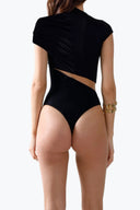 Back view of the Room 24 Clara black bodysuit showing its high neckline, cap sleeves and close-fitting silhouette.