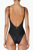 Back of the Room 24 Marley swimsuit showing its scoop neckline, smooth stretch fabric and chain-strap detailing.