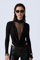 Front view of the Room 24 Kylie black long-sleeve bodysuit with a draped cowl neckline and sheer mesh centre panel.