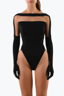 Front view of the Room 24 Solera black bodysuit with a sheer mesh yoke, boat neckline and integrated glove sleeves.