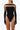 Front view of the Room 24 Solera black bodysuit with a sheer mesh yoke, boat neckline and integrated glove sleeves.