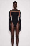 Front view of the Room 24 Solera black bodysuit with a sheer mesh yoke, boat neckline and integrated glove sleeves.