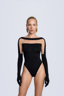 Front view of the Room 24 Solera black bodysuit with a sheer mesh yoke, boat neckline and integrated glove sleeves.