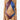 Model wearing a two-tone, sustainable cut-out swimsuit with crisscross halter neckline