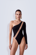 Front view of the Room 24 Suzanna black one-shoulder bodysuit with a diagonal mesh cut-out and single fitted sleeve.