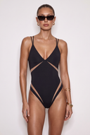 Front view of the Room 24 Tammy one-piece swimsuit with a plunging V-neckline, double straps and geometric illusion-mesh panels.