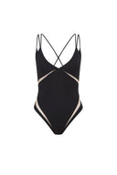 Close-up of the Room 24 Tammy swimsuit showing its plunging neckline, double shoulder straps and illusion-mesh underbust detailing.
