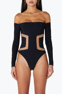 Front view of the Room 24 Taylor black bodysuit with an off-shoulder neckline, geometric mesh waist panels and long sleeves.