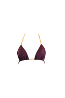 Close-up of the Room 24 Stacey bikini top showing its gathered fabric and chain detailing.