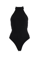 Close-up of the Room 24 Lea one-piece swimsuit showing its high halterneck and smooth stretch-fabric finish.