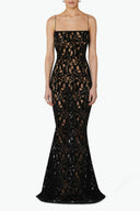 Front view of the Room 24 Vanessa black lace maxi dress with a straight neckline, fine straps and fitted floral-lace silhouette.