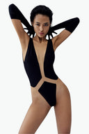 Front view of the Room 24 Layla one-piece swimsuit with a deep plunge neckline, illusion-mesh panel and curved waist cut-outs.