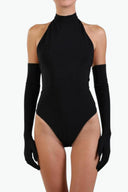 Close-up of the Room 24 Grace black bodysuit showing the high halterneck and smooth stretch fabric.