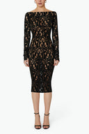 Front view of the Room 24 Vania black lace midi dress with a boat neckline, long sleeves and fitted knee-length silhouette.