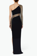 Back view of the Room 24 Amarilla black dress highlighting its open lace-up back, asymmetric shoulder and crystal-mesh sleeve.